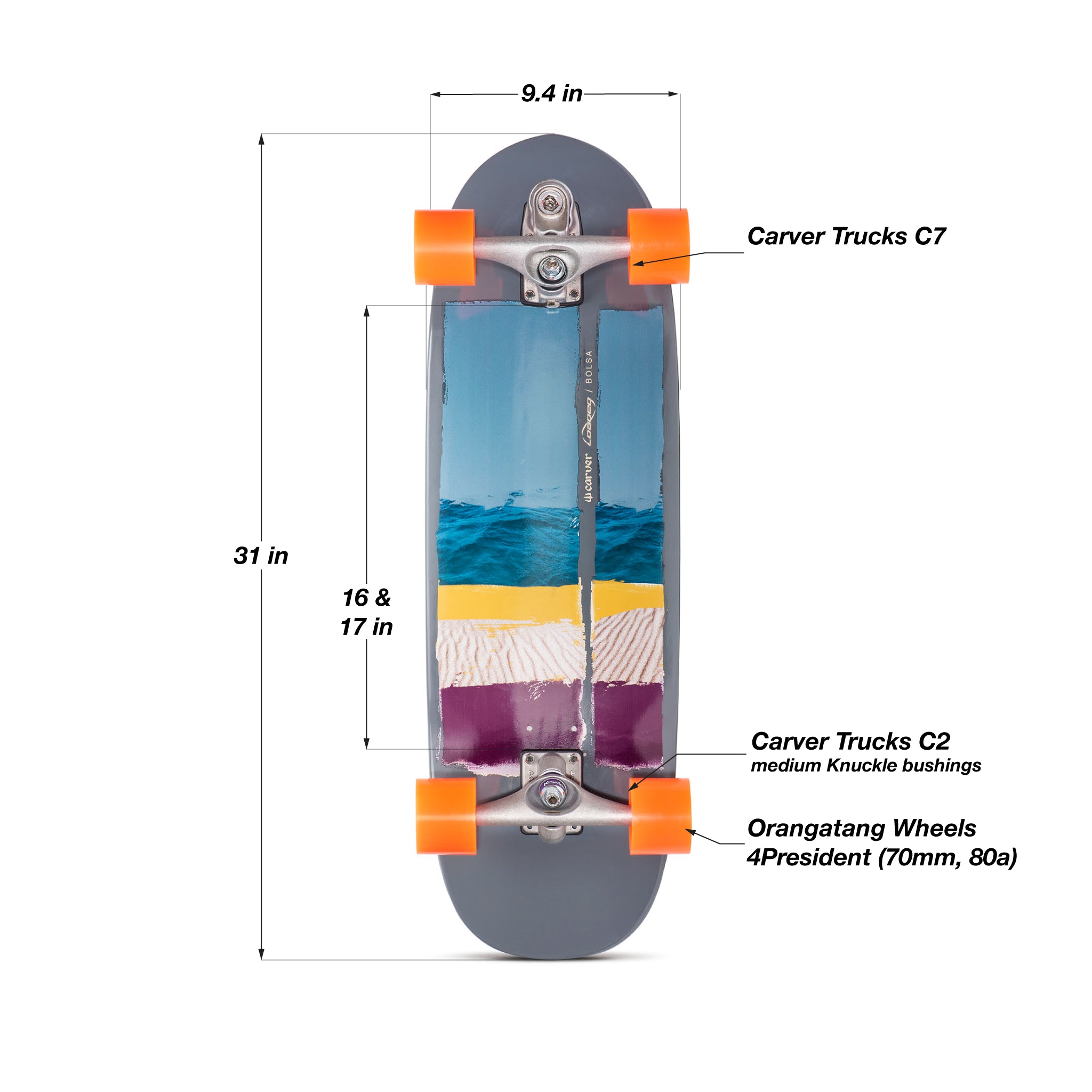 Loaded Carver Bolsa C7 longboard skateboard setup components and dimensions