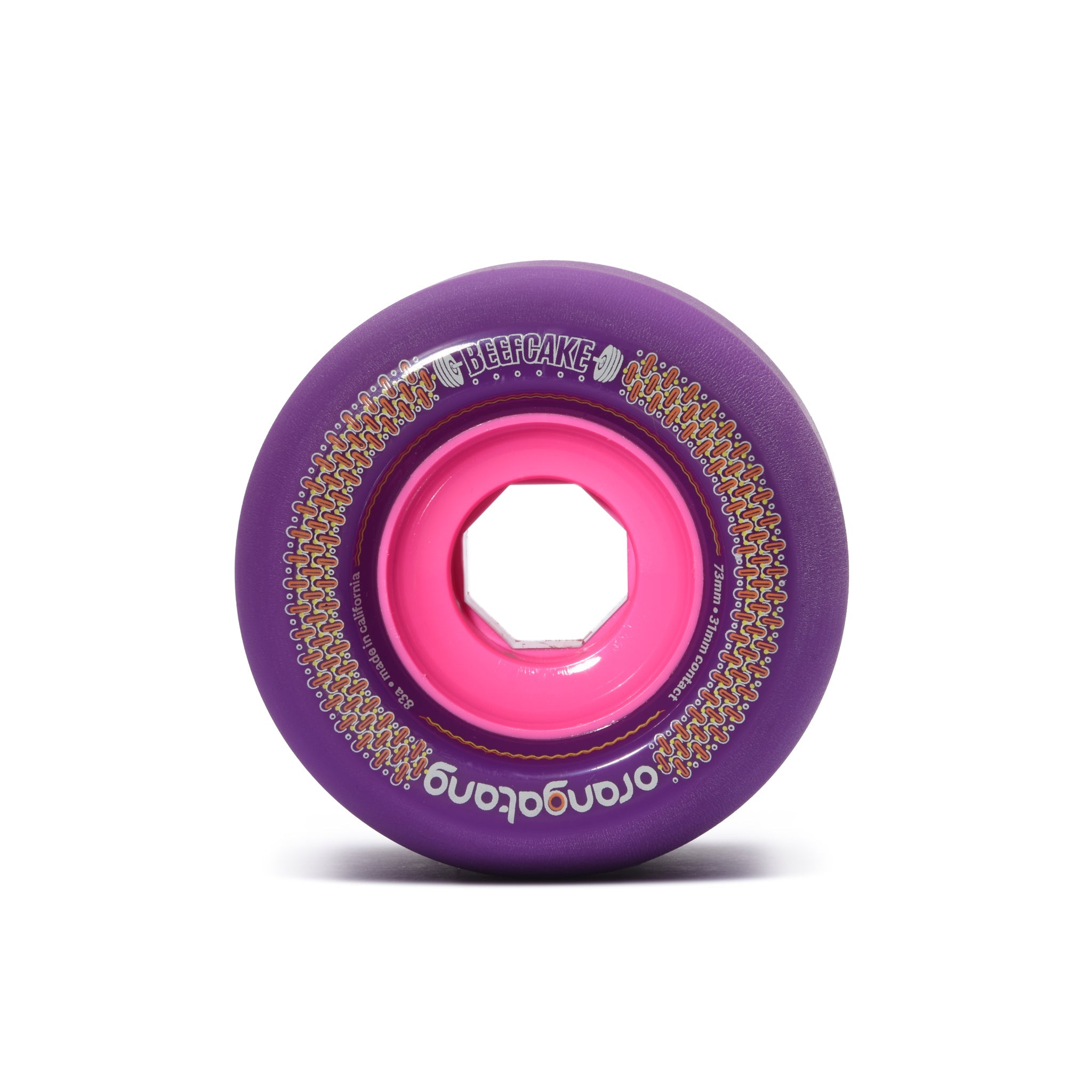 Orangatang 73mm Beefcake (83a, purple) longboard skateboard wheel (front)