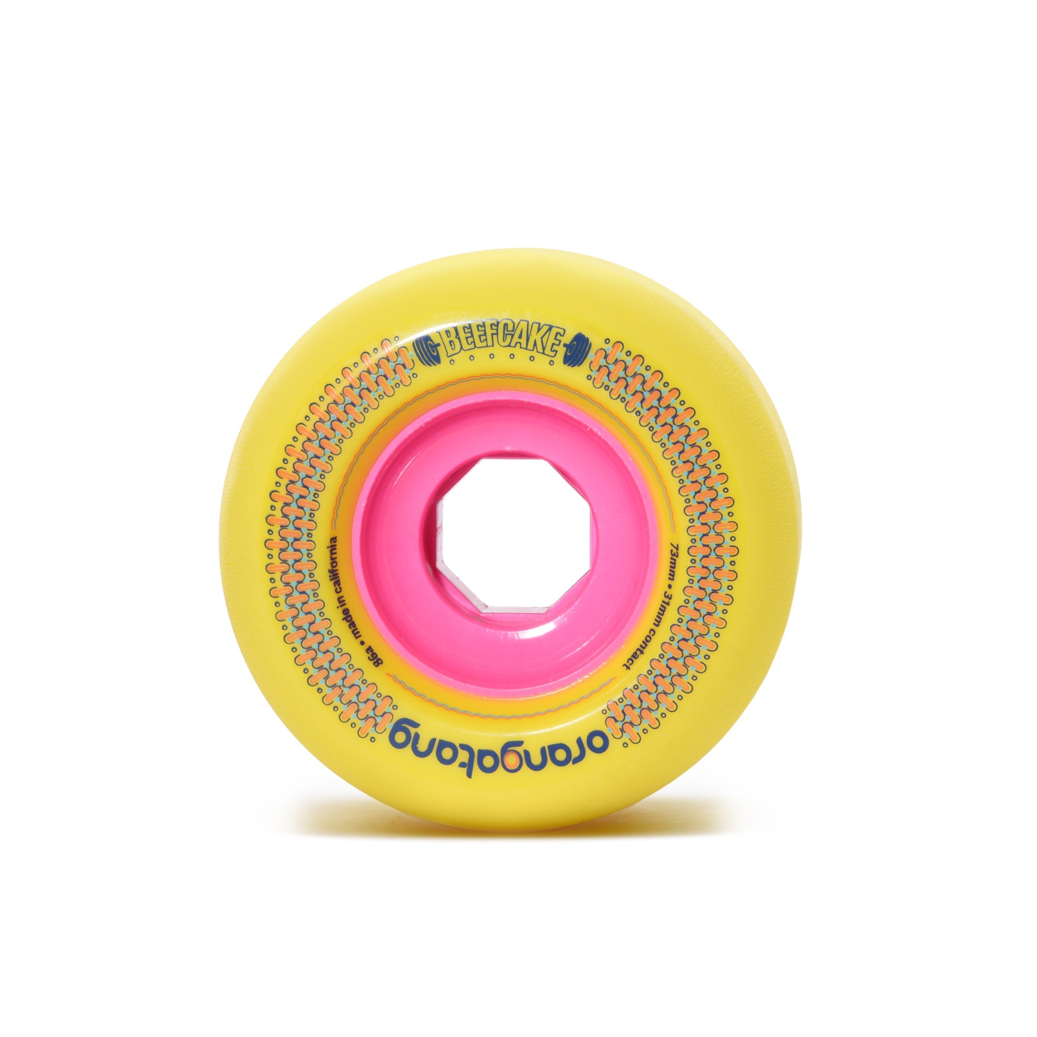 Orangatang 73mm Beefcake (86a, yellow) longboard skateboard wheel (front)