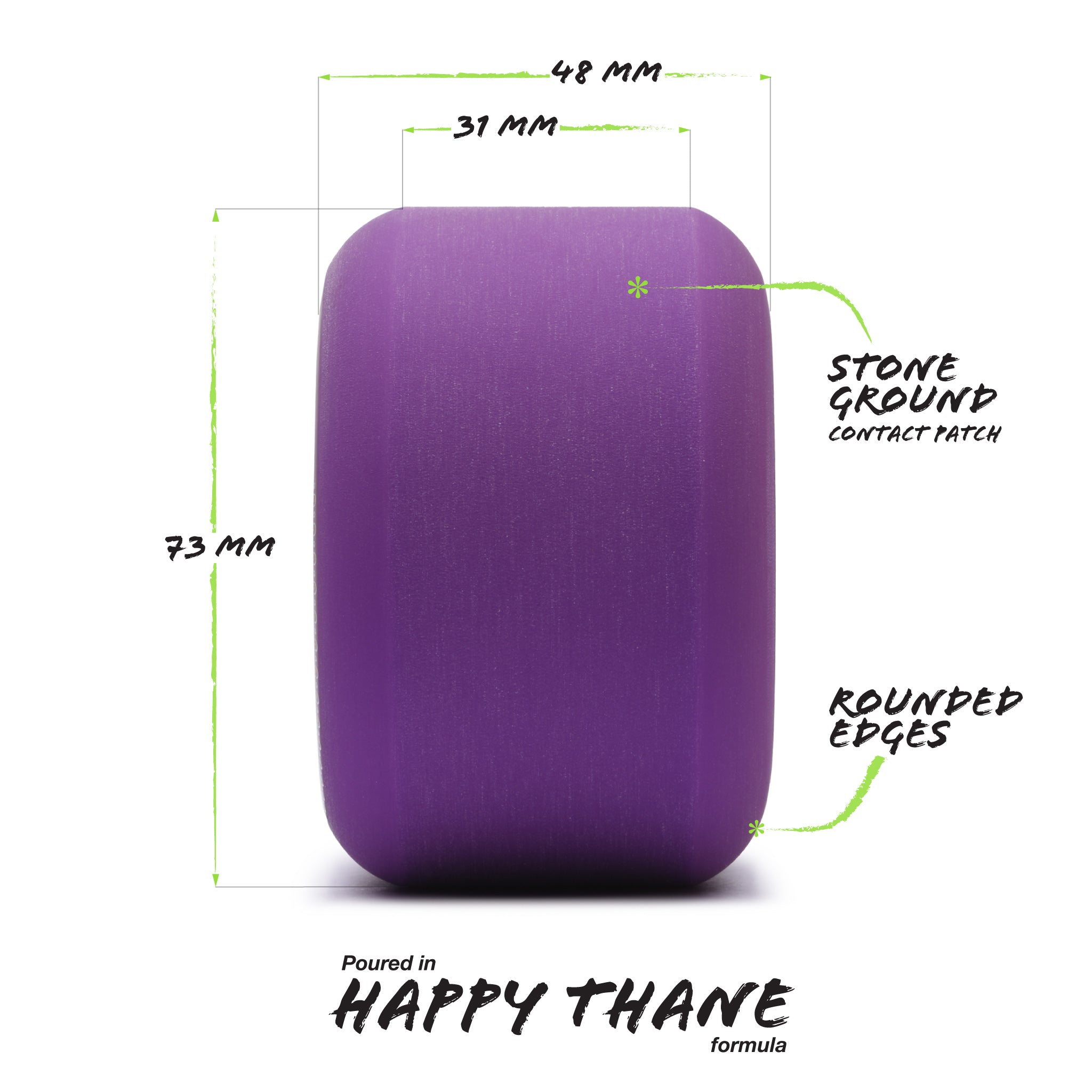 Orangatang 73mm Beefcake (83a, purple) longboard skateboard wheel (infographic)